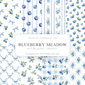 May include: A collection of ten seamless patterns featuring watercolor illustrations of blueberries, bows, and floral designs. The patterns include stripes, polka dots, and gingham in shades of blue and white. The text "BLUEBERRY MEADOW" is displayed on a white rectangle.