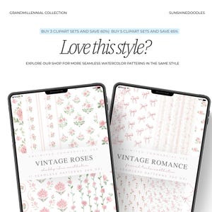 May include: Two digital tablets display watercolor patterns. One features pink roses, the other pink bows. Text on the tablets reads "Vintage Roses" and "Vintage Romance". The image includes text: "Love this style?" and "Explore our shop for more seamless watercolor patterns."