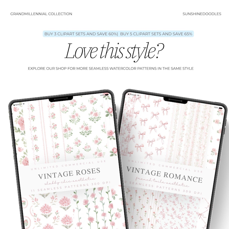 May include: Two digital tablets display watercolor patterns. One features pink roses, the other pink bows. Text on the tablets reads "Vintage Roses" and "Vintage Romance". The image includes text: "Love this style?" and "Explore our shop for more seamless watercolor patterns."
