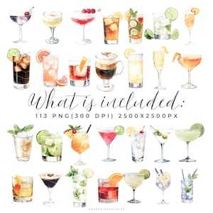 May include: Watercolor illustration of various cocktails, including martinis, margaritas, and highballs, with garnishes like cherries, olives, and citrus fruits. The text "What is included" is displayed below the cocktails.