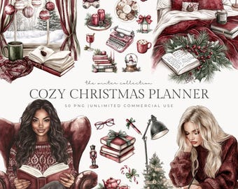 Clipart de planejador de Natal aconchegante, PNG de inverno aconchegante, Planejador de clipart de feriado, Scrapbooking de planejador de inverno, Adesivos digitais, Licença comercial