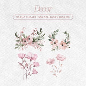 May include: A set of four watercolor floral illustrations featuring pink flowers and green leaves. The illustrations are perfect for adding a touch of elegance to any project.