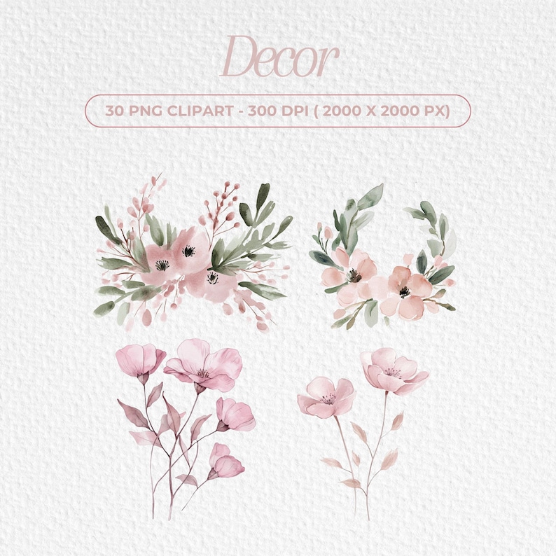 May include: A set of four watercolor floral illustrations featuring pink flowers and green leaves. The illustrations are perfect for adding a touch of elegance to any project.