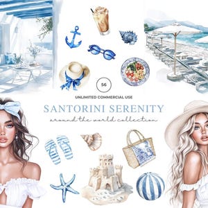 Aquarelle été Clipart, Clipart Santorin, voyage Clipart, Clipart grec, voyage PNG Scrapbooking, usage Commercial, Grèce voyage PNG