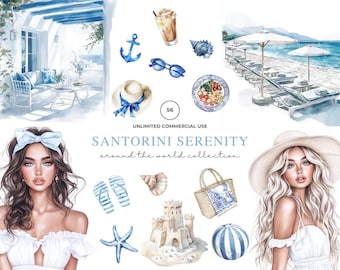 Watercolor Summer Clipart, Santorini Clipart, Travel Clipart, Greek Clipart, Travel PNG Scrapbook, Commercial Use, Greece Travel PNG