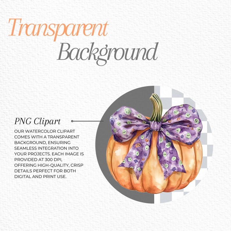 May include: A watercolor illustration of an orange pumpkin with a purple bow decorated with small ghost and jack-o-lantern faces. The pumpkin is isolated on a transparent background.