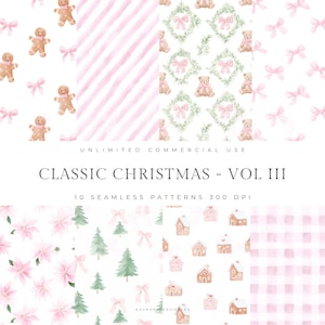 Può includere: Una collezione di dieci motivi senza cuciture a tema natalizio. I motivi includono omini di pan di zenzero, fiocchi rosa, orsacchiotti, strisce ad acquerello, alberi di Natale, stelle di Natale, casette di pan di zenzero e un motivo a quadri. Il testo "CLASSIC CHRISTMAS - VOL III" è visualizzato.