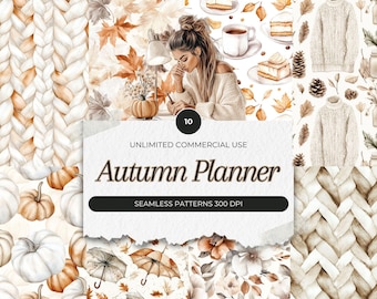 May include: A set of 10 digital seamless patterns featuring autumnal themes. The patterns include pumpkins, leaves, umbrellas, sweaters, and a braided texture. The text "Autumn Planner" and "Seamless Patterns 300 DPI" is included in the image.