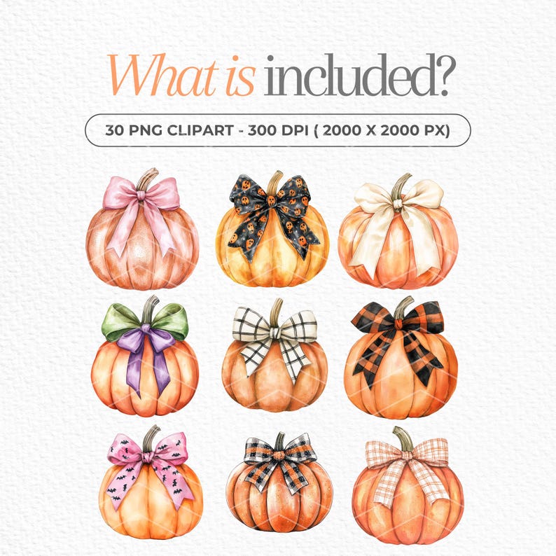 May include: Set of 30 digital clipart images of pumpkins with different colored bows. The pumpkins are orange and the bows are pink, purple, white, black, and plaid. The images are 300 DPI and 2000 x 2000 pixels.