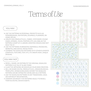 May include: A digital art print titled "Terms of Use" with text detailing usage rights. The image features three floral pattern designs in pink, blue, and a trellis pattern. The text outlines what users may and may not do with the patterns.