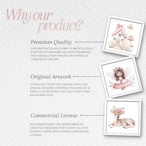 May include: A digital illustration set featuring a fairy, a deer, and a house with mushrooms. The illustrations are in a watercolor style with soft pink, brown, and green colors. The text "Why our product?" is at the top of the image. The text "Premium Quality", "Original Artwork", and "Commercial License" are below the illustrations. Each section has a description of the product.