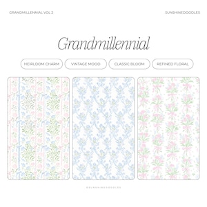 May include: The image showcases three patterned designs with a floral theme. The text "Grandmillennial" is displayed at the top, with the words "Heirloom Charm", "Vintage Mood", "Classic Bloom", and "Refined Floral" below. The designs feature pastel colors.