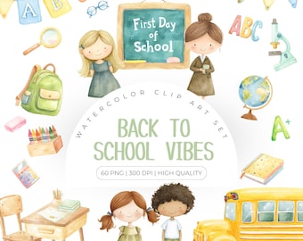 Back to School Clipart, Cute School Clipart, Teacher png, School supplies clipart, Back to school PNG, Commercial Use Clipart, School Bus