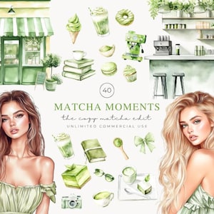 May include: Watercolor illustration featuring a matcha-themed cafe scene with a green and white color scheme. The image includes matcha drinks, desserts, and a cafe storefront. Two women are also featured in the image. Text reads "Matcha Moments the cozy matcha edit."
