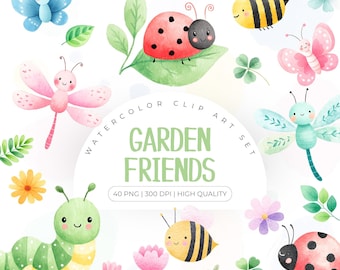 Imágenes prediseñadas de insectos lindos en acuarela, mariposas, abejas, mariquitas, orugas, insectos de jardín PNG, insectos de primavera, jardín de primavera PNG