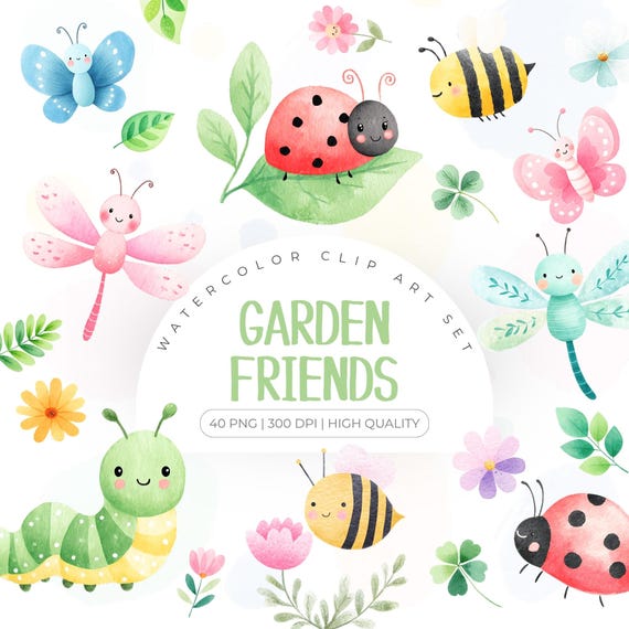 Watercolor Cute Insects Clipart, Butterflies, Bees, Ladybugs, Caterpillars Clipart, Garden Bugs PNG, Spring Bugs Clipart, Spring Garden PNG