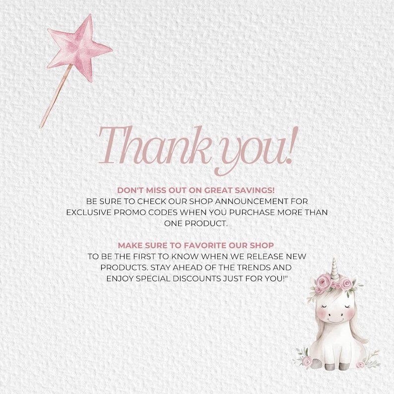 May include: Thank you! Don't miss out on great savings! Be sure to check our shop announcement for exclusive promo codes when you purchase more than one product. Make sure to favorite our shop to be the first to know when we release new products. Stay ahead of the trends and enjoy special discounts just for you! Watercolor illustration of a pink unicorn with a flower crown.