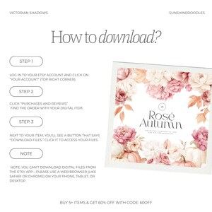 May include: A digital art print with a floral design featuring pink and white roses, pumpkins, and autumn leaves. The text "Ros&eacute; Autumn" is displayed in an elegant font. Instructions on how to download the digital file are also included.