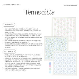 May include: Digital art print featuring the text "Terms of Use" with a list of usage guidelines. The image includes examples of floral pattern designs in pink, blue, and green, along with color swatches.
