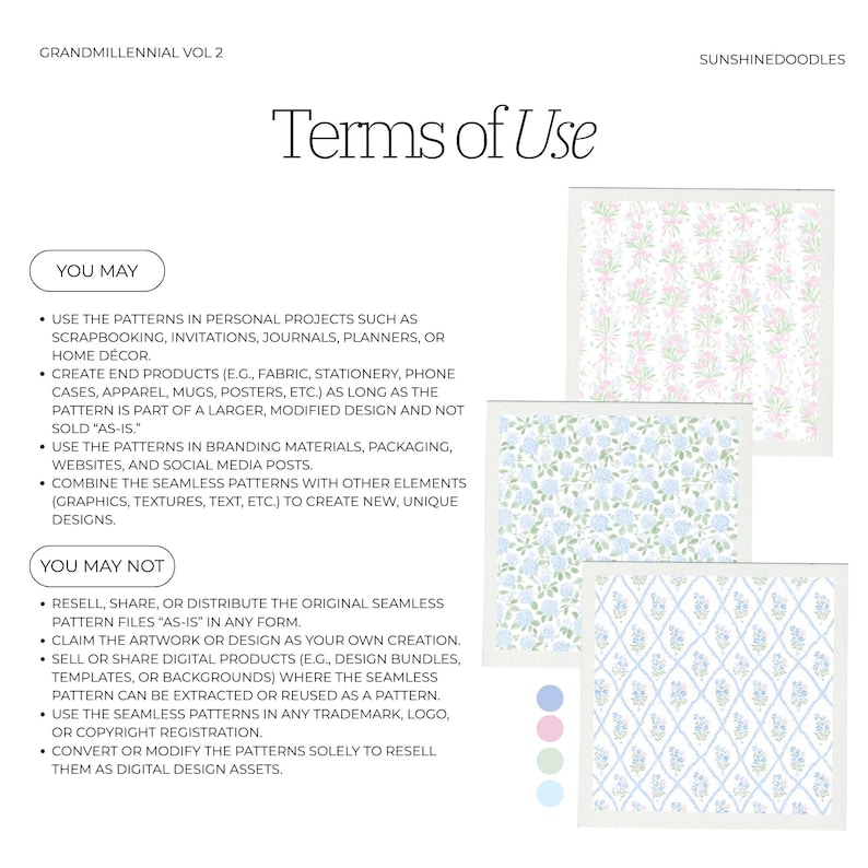 May include: Digital art print featuring the text "Terms of Use" with a list of usage guidelines. The image includes examples of floral pattern designs in pink, blue, and green, along with color swatches.