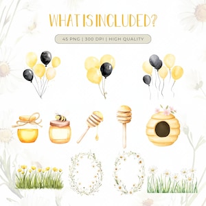 May include: A set of 45 watercolor illustrations featuring honey, bees, daisies, and balloons. The illustrations are perfect for creating invitations, cards, and other crafts.