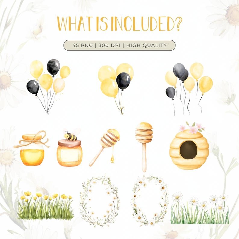 May include: A set of 45 watercolor illustrations featuring honey, bees, daisies, and balloons. The illustrations are perfect for creating invitations, cards, and other crafts.
