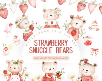 Cute Bear clipart watercolor | Strawberry Clipart | Cute Spring Clipart | Commercial Use Clipart | Nursery Decor Strawberry | Bear PNG