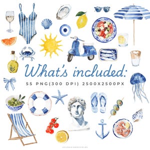 May include: Watercolor illustrations of summer and beach-themed items, including a swimsuit, scooter, sun, food, and accessories. The text "What's included" is displayed in blue script.