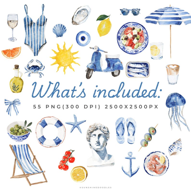 May include: Watercolor illustrations of summer and beach-themed items, including a swimsuit, scooter, sun, food, and accessories. The text "What's included" is displayed in blue script.