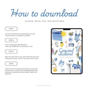 May include: A digital download guide with instructions on how to download files from Etsy. The image includes a tablet displaying coastal-themed illustrations, including a swimsuit, lemon, and beach scene. Text reads "How to download."