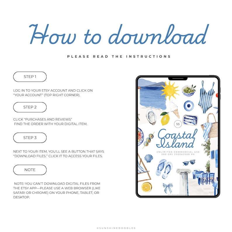 May include: A digital download guide with instructions on how to download files from Etsy. The image includes a tablet displaying coastal-themed illustrations, including a swimsuit, lemon, and beach scene. Text reads "How to download."