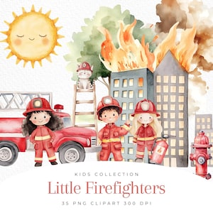 Firefighters cute watercolor clipart | Cute Firefighters PNG | Fire truck nursery clipart | Fire fighter baby shower decor | Firemen clipart