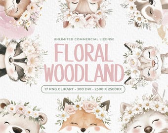 Imágenes prediseñadas de animales del bosque con flores de acuarela, imágenes prediseñadas de animales lindos del bosque, decoración de guardería con temática de bosque, baby shower con temática de bosque, PNG de bosque