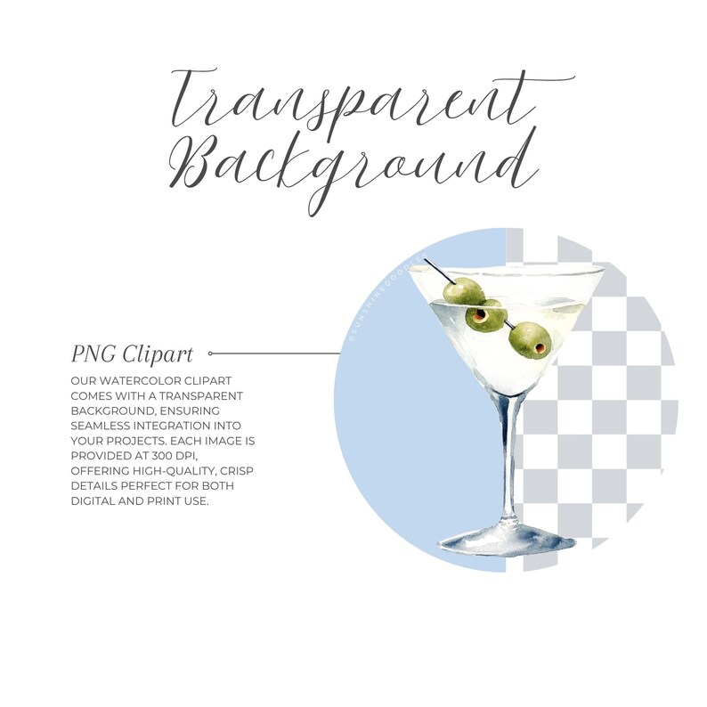 May include: Watercolor clipart of a martini glass with three green olives. The glass is set against a light blue circle and a transparent background. Text reads "Transparent Background" and "PNG Clipart".
