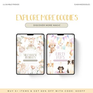 May include: Two digital tablet screens showing watercolor illustrations of cartoon animals. The left screen shows a collection of geese with party hats and the text "Silly Goose Antiques". The right screen shows a collection of puppies with party hats and the text "Party Pups".