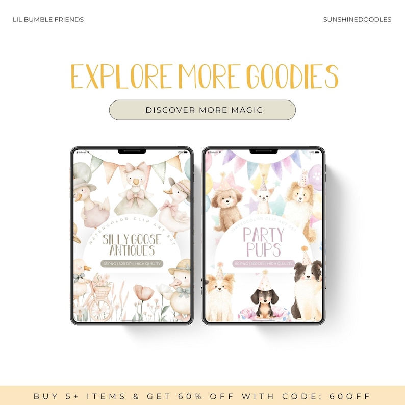 May include: Two digital tablet screens showing watercolor illustrations of cartoon animals. The left screen shows a collection of geese with party hats and the text "Silly Goose Antiques". The right screen shows a collection of puppies with party hats and the text "Party Pups".