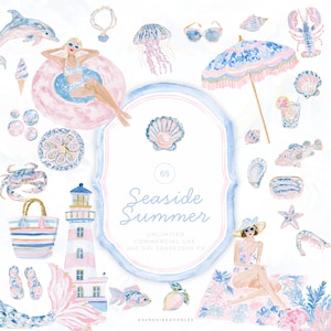 May include: A digital collection of watercolor illustrations featuring a dolphin, jellyfish, lobster, crab, lighthouse, beach umbrella, tote bag, flip-flops, seashells, and two figures in swimwear with the text Seaside Summer 65 and 300 DPI 2000X2000 PX.