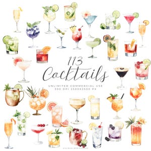 May include: A watercolour illustration of 113 cocktails, including martinis and margaritas. The image shows a variety of colourful drinks with garnishes such as fruit slices and herbs. The text reads "113 Cocktails".
