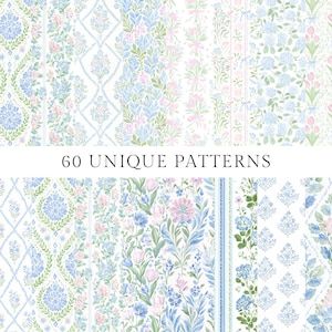 May include: A collection of 60 unique floral patterns in shades of blue, pink, and green. The patterns include floral bouquets, bows, and geometric designs. The text "60 UNIQUE PATTERNS" is displayed in the center of the image.