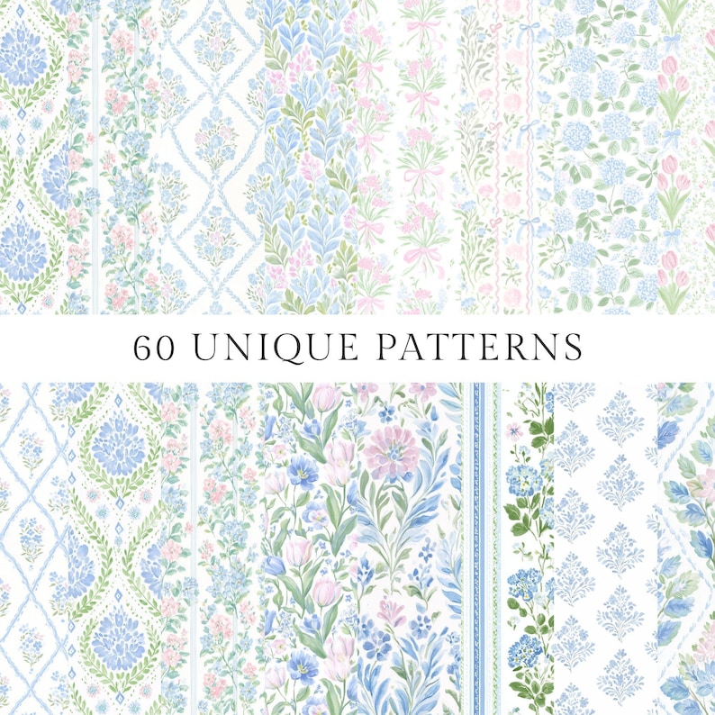 May include: A collection of 60 unique floral patterns in shades of blue, pink, and green. The patterns include floral bouquets, bows, and geometric designs. The text "60 UNIQUE PATTERNS" is displayed in the center of the image.