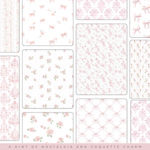 May include: A collection of pink and white patterned designs, including floral, bow, and damask motifs. The designs are arranged in rectangular frames. The text at the bottom reads, "A hint of nostalgia and coquette charm."