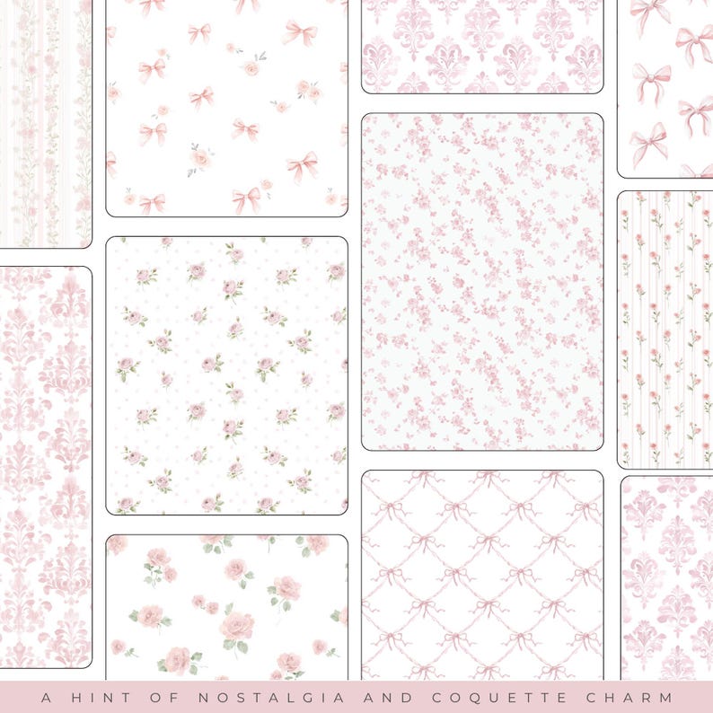 May include: A collection of pink and white patterned designs, including floral, bow, and damask motifs. The designs are arranged in rectangular frames. The text at the bottom reads, "A hint of nostalgia and coquette charm."