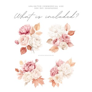 May include: Watercolor floral arrangements featuring pink peonies, white roses, and autumn-toned leaves. The text "What is included?" is written in cursive. The image is labeled "Unlimited Commercial Use" and "300 DPI 2000x2000".
