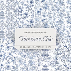 Blue Chinoiserie Seamless Pattern | Vintage French Toile Digital Paper | Vintage Floral Seamless Pattern | Chinoiserie Digital Papers