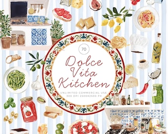 Watercolor Italian Kitchen clipart, Dolce vita food clipart, Mediterranean food Clipart, Italian food clipart, Cooking Illustrations, Pizza
