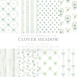 Może przedstawiać: Kolekcja dziesięciu bezszwowych wzorów w miękkiej zieleni i bieli, z koniczyną, kokardkami i paskami. Widoczny tekst "CLOVER MEADOW" i "soft spring collection". Wzory są przeznaczone do nieograniczonego użytku komercyjnego.