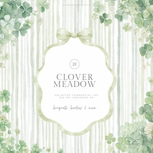 Può includere: Illustrazione ad acquerello con una cornice bianca smerlata e un fiocco verde chiaro. La cornice mostra il testo "CLOVER MEADOW". Foglie di trifoglio verdi e fiori bianchi circondano la cornice, su uno sfondo a righe verde pallido.