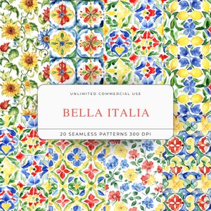 Op de afbeelding: Een set van 20 naadloze patronen met kleurrijke Italiaanse tegelontwerpen met zonnebloemen, citroenen en bloemmotieven. De patronen zijn 300 DPI en voor onbeperkt commercieel gebruik. De tekst "Bella Italia" wordt weergegeven op de afbeelding.