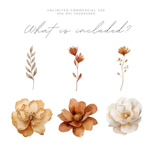 May include: A collection of watercolour floral elements in brown, orange, and cream hues. The image features diverse flowers and sprigs, accompanied by the text "What is included?" and "Unlimited commercial use 300 DPI 2000x2000".