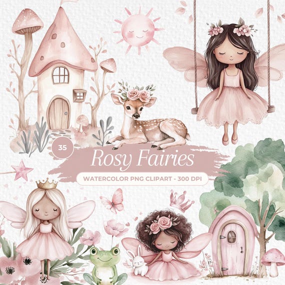 Watercolor Fairy Clipart, Cute Fairy PNG, Fairy Garden Clipart Commercial Use, Fairy Nursery Clipart, Unicorn PNG, Bunny,Deer, Garden PNG